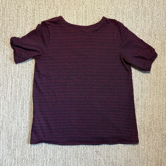 J. Jill Navy and Red Striped Jacquard Split Neck Top Slight Puff Sleeve Size M - Picture 6 of 10